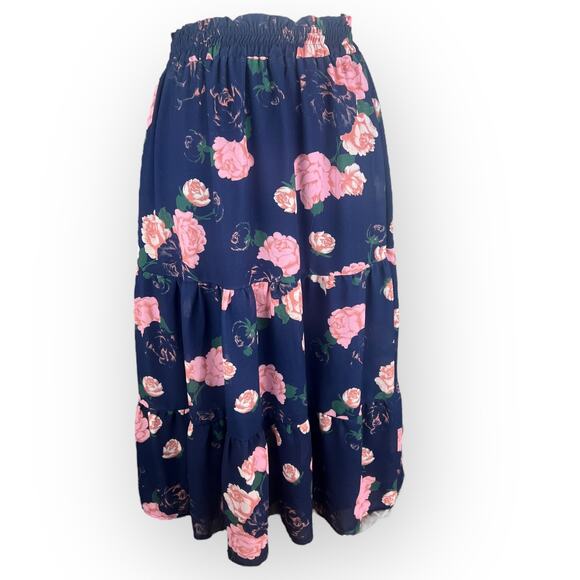 Modcloth Floral A-Line Skirt Navy Blue & Pink Flowers - Picture 1 of 8